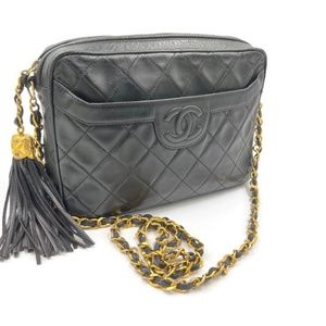 Authentic CHANEL Vintage Lambskin camera Bag with tassel black/gold hardware